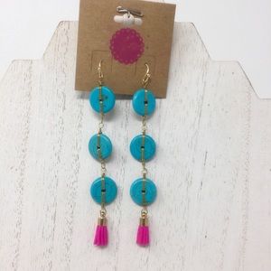 Turquoise drop disc earrings with pink tassel